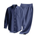 Men's Autumn Loose Trend Linen Solid Color Simple Lapel Long-Sleeved Shirt Beach Trousers Set.