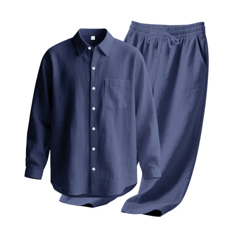 Men's%20Autumn%20Loose%20Trend%20Linen%20Solid%20Color%20Simple%20Lapel%20Long-Sleeved%20Shirt%20Beach%20Trousers%20Set%20-%20Image%202