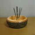 NOS Nut bowl Nutcracker set- Nut Dish- Tree Trunk- 4 Picks -retro nut bowl /server- HM Quackenbush USA--retro barware -holiday serving. 