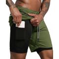 Men Fitness Built-in pocket sports Shorts Summer 2 In 1 Quick Dry Gym Beach shorts Running Double-deck Shorts mesh sweatpants.