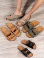 Men's Casual Simple Buckle-Adjustable Pu Upper Double-Bar Beach Flip-Flops Flat-Soled Slip-On Outdoor Home Eva Slippers. 
