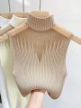 Mesh Knitted Top Women Y2K Tank Top Half Neck Vest Female Sleeveless Sweater Chic Cut Out Streetwear Solid Skinny White Tube Top.