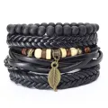 4Pcs/ Set Braided Wrap Leather Bracelets for Men Vintage Life Tree Rudder Charm Wood Beads Ethnic Tribal Wristband Rope Bracelet. 