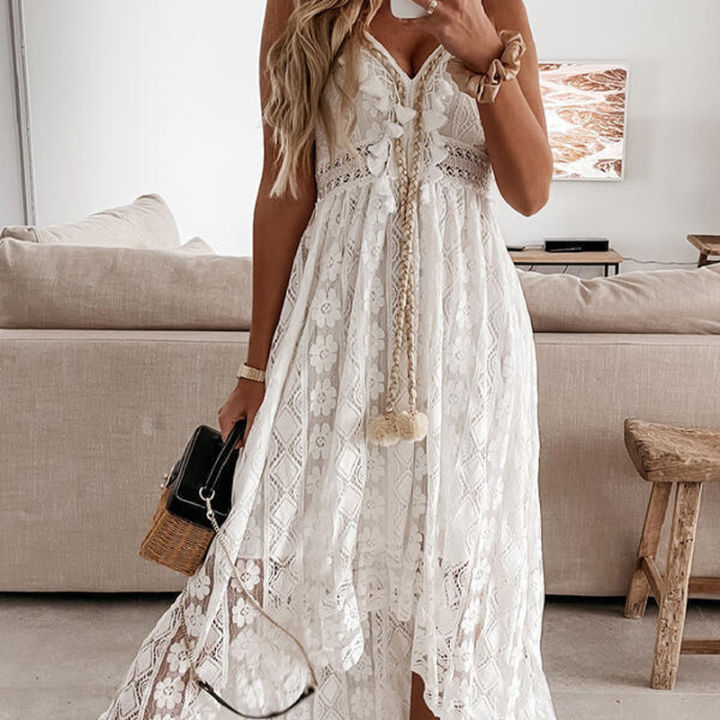 Summer%20New%20Lace%20Sling%20Big%20Swing%20Solid%20Color%20Long%20Skirt%20Dress%20Spring%20V-neck%20Sleeveless%20Beach%20Dresses%20Casual%20Chain%20Link%20Dress%20-%20Image%204