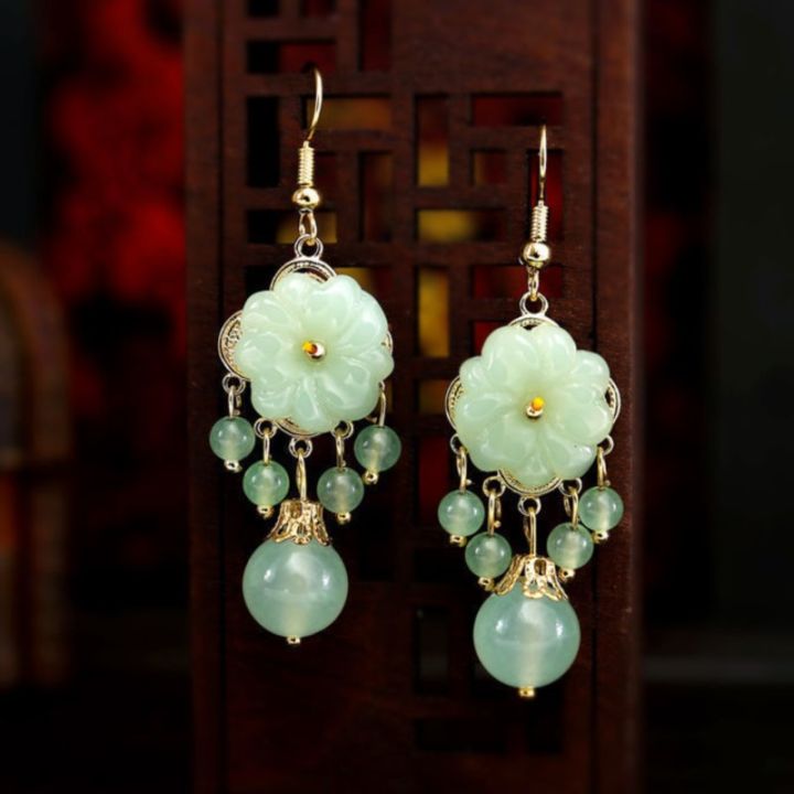 New Fashion Green Jade Marrow Flowers Tassel Drop Earrings for Women Ethnic Style Stud Earring Pretty Jewelry Gifts