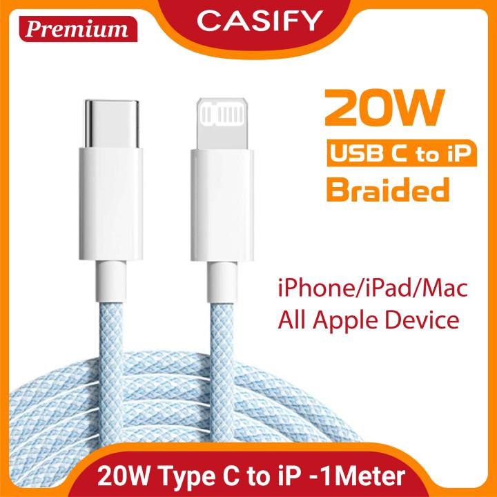 CASIFY PDC02 20W USB C To Lightning Fast Charging Cable 20W Braided Cable iPhone Cable iPad/Mac Cable PD Cable Type C to Lightning Cable 20Watt 1M White - Opp