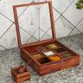 Wooden Handmade Spice Box / Multipurpose 9-Compartment Wooden Spice Box with Glass Lid – Handcrafted Masala Dabba Organizer. 