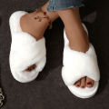 Autumn New Fashion Cross Strap Fur Slippers Women Indoor Light Warm Plush Home Slippers Woman Faux Fur Flat Heel Couple Slides.