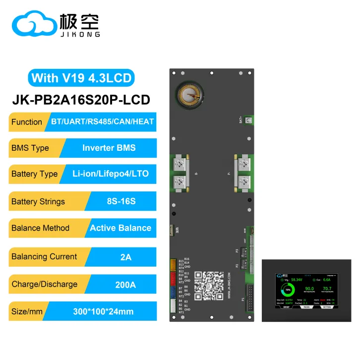 JK BMS V19 PB2A16S20P 200A 4.3LCD TTL LiFePo4 Li-Ion LTO Battery 24V ...