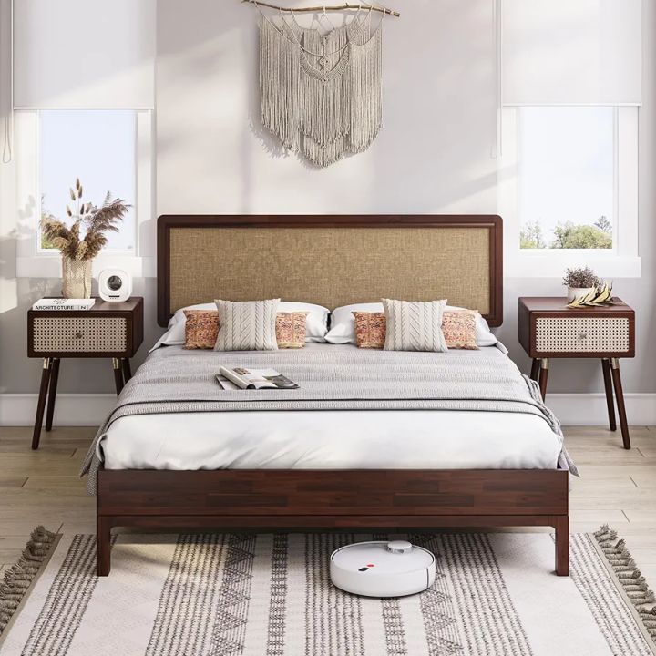 Bme Nipe Queen 14 Inch Bohemian Bed Frame with Adjustable Woven Headboard - Rustic & Vintage Unique Style with Acacia Wood - No Box Spring Needed - Easy Assembly - 