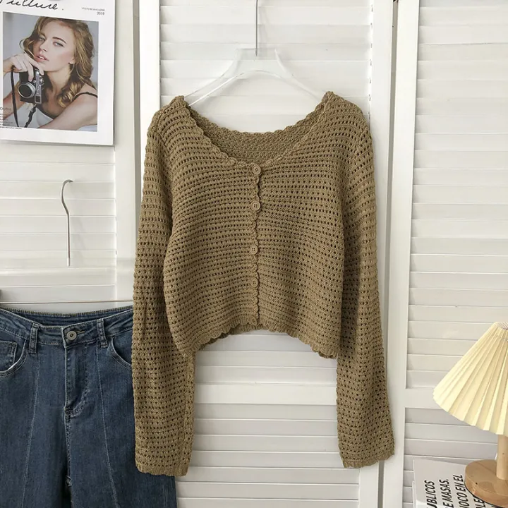 Crochet%20Cardigan%20for%20Women%20Sheer%20Openwork%20Knit%20Long%20Sleeve%20Button%20Up%20Crop%20Top%20Teen-girl%20Shrug%20Cardigan%20Autumn%20Spring%20Y2K%20Outfit%20-%20Image%205