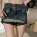 Y2K Summer New A-line Miniskirt High Waist Street Fashion Denim Retro Straight Tube Hip Wrap Skirt Women's Belt Skirt. 