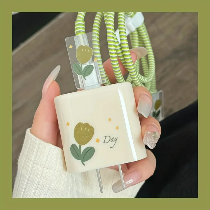 USB%20Cable%20Protection%20For%20iPhone%2015%2014%2018W%2020W%20Original%20Charger%20Protector%20Cover%20Green%20Flowers%20Protective%20Data%20Line%20Spiral%20Winder%20-%20Image%202
