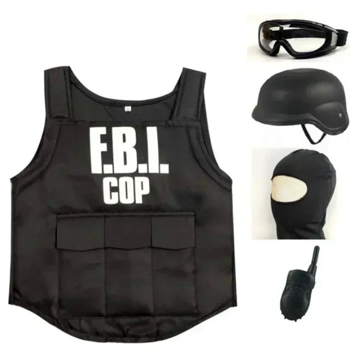 2025 Halloween Kinderen Fbi Swat Pakken Cosplay Kleding Mini Kogelvrij Vest Helm Swat Pak Set Halloween Party Dress Up