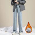 Winter Girls Plush Thermal High Waist Solid Jeans Lady Fleece Snow Warm Denim Pants Women Baggy Straight Leg Daily Trousers. 