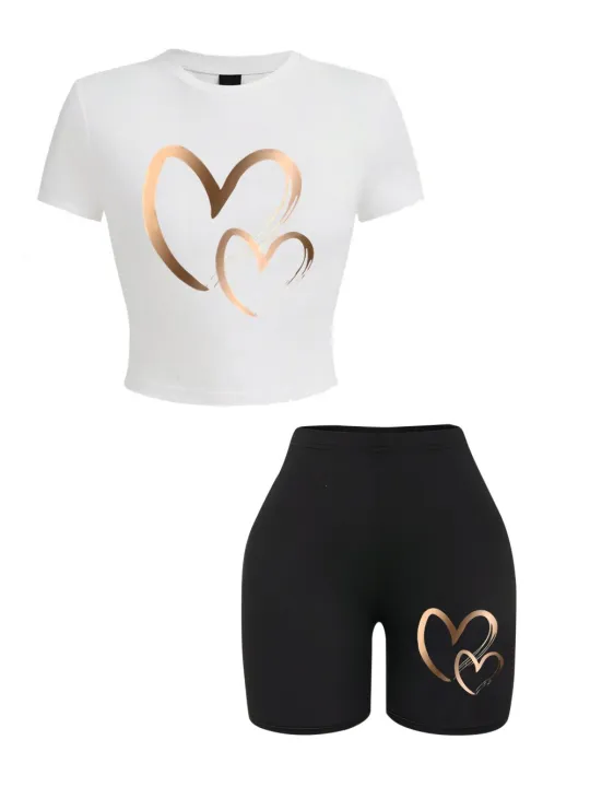Summer%20Women%20Slim-fit%20T-Shirts%20&%20Shorts%202%20Pieces%20Set%20Simple%20Hearts%20Pattern%20Prints%20Crop%20Tops%20Fashion%20High%20Elastic%20Soft%20Clothes%20-%20Image%202