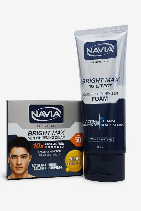 "Navia Bright Max Men Whitening Cream & Face Wash Foam – Dark Spot Remover, SPF 50, 100ml"