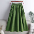 Khaki Solid Casual Elastic High Waist A-line Lace Up Women's Skirt Korean Fashion Mid-Calf Long Skirts For Women 2024 Spring. 