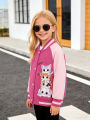 Little girl's cartoon baseball jacket with heart-shaped cat pattern, suitable for children's casual outdoor daily activities.