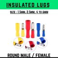 Round Male Female Insulated lugs,  thimble, control thimbles, Cable lugs, wire Terminals, Round Male Female Pair. Sizes. 1.5mm, 2.5mm, 4 to 6mm.. 