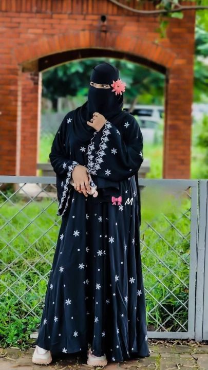 Abaya borka (Star Borka) With (Koti+Inner+Belt+Hijab) Dubai Charry Georget Stylish Embroidery Work Party Borka For Women