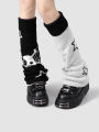 Vintage Autumn Winter Japanese Skeleton Element Leg Warmers Subculture Y2k Slimming Student Pile Socks Front and Back 2 Wearing.
