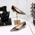 Women Comfortable 3.5cm High Heels Shallow Pointed Toe Work Pumps Lady Glossy Leather Low Heels 2024 Luxury Brand Designer Shoes.