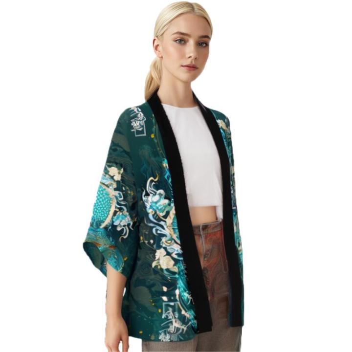 Japanese%20Traditional%20Samurai%20Kimono%20Men%20and%20Women%20Anime%20Dragon%20Pattern%20Green%20Loose%20Three-quarters%20Sleeved%20Shirt%20-%20Image%202