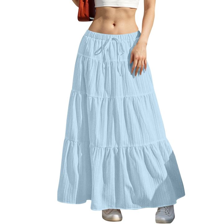 Women's Flared Ruffle Hem Maxi Skirt Fashion Women Solid Long Skirts Elastic Waist Elegant Long Skirt Spring Summer Cake Dress
