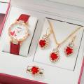 5pcs Fashion Trend Love Diamond Set Women's Red Belt Quartz Watch+Pendant Necklace+Earrings+Ring Combination Set, Gift Set. 