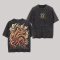 Anime Kurama Kyuubi Naruto Retro Washed T-shirt 2026 Summer Urban Style Nine Tailed Fox Anime Retro Design Men's Cotton T-shirt. 