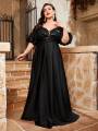 Mgiacy plus size Line neck puffy sleeve satin spliced sequin retraction long skirt Evening gown PROM dress Party dress.