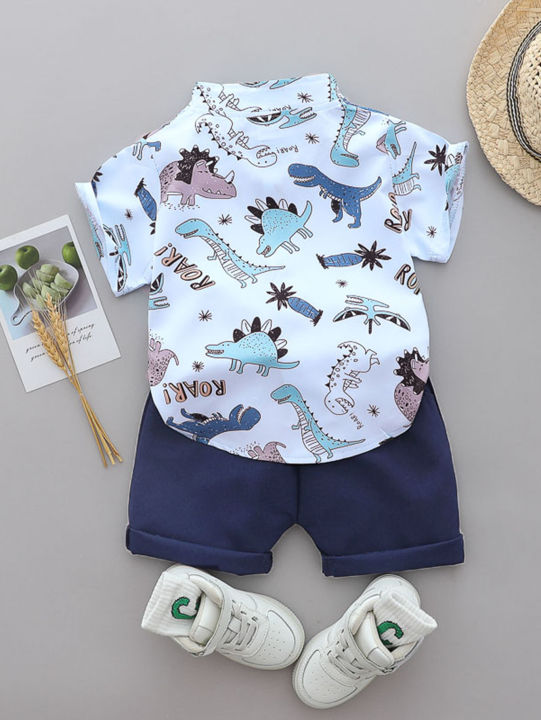 2PCS%20Baby%20Toddler%20Summer%20Outfit%20Set%20Cartoon%20Spotted%20Dinosaur%20Print%20Stand%20up%20Collar%20Short%20Sleeved%20Shirt%20And%20Shorts%20for%20Kids%20-%20Image%202