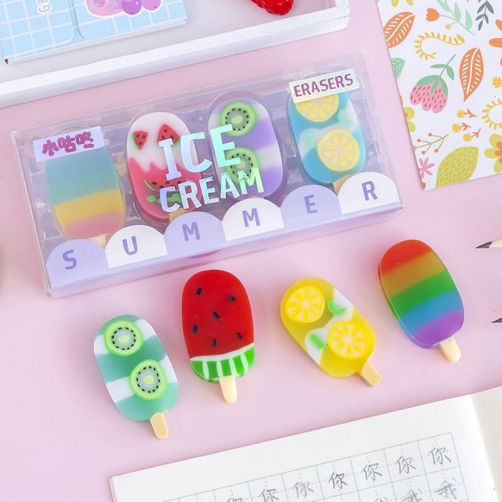 1-2 Set Lytwtw's Cartoon Cute Kawaii Ice Cream Rubber Mini Eraser Set For Kids Novelty Stationery Office School Supplies
