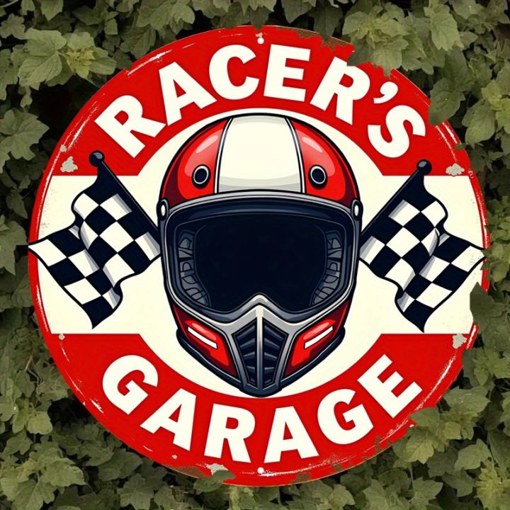 Retro Sign Racing Vintage Racer Garage Metal Sign - Retro Racing Flag & Helmet Design ...