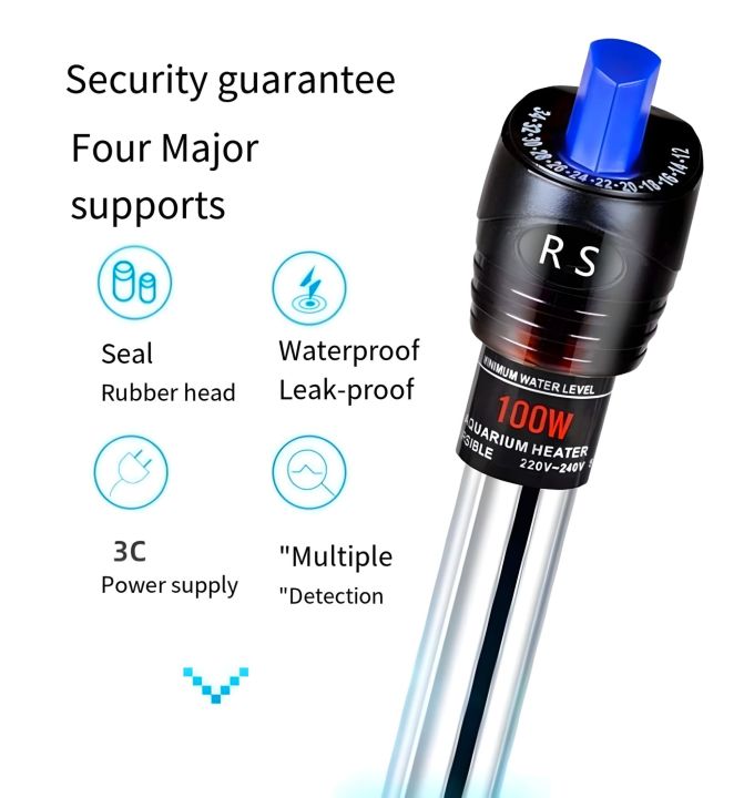 RS-399 Stainless Steel Aquarium Heater Rod – Adjustable 12–34°C | 50W / 100W / 200W | High Precision Temp Control | Fish Tank Water Heater with Indicator Light & Double Suction Cups