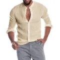 Cotton Linen Hot Sale Men's Long-Sleeved Shirts Summer Solid Color  Stand-Up Collar Casual Beach Style Plus Size. 