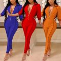 Solid Zipper 3/4 Sleeve Skinny Jumpsuit, Sports Long Length  Party Jumpsuit, Women's Clothing. 