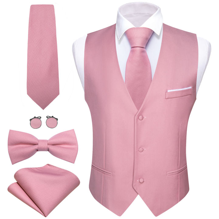 Luxury Men's Vest Pink Waistcoat Tie Bowtie Pocket Square Set Sleeveless Jacket Formal Wedding Suit