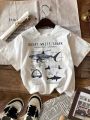 Print Crop Tops, Short Sleeve Crew Neck Casual Top For Summer & Spring, Women's Clothing. 