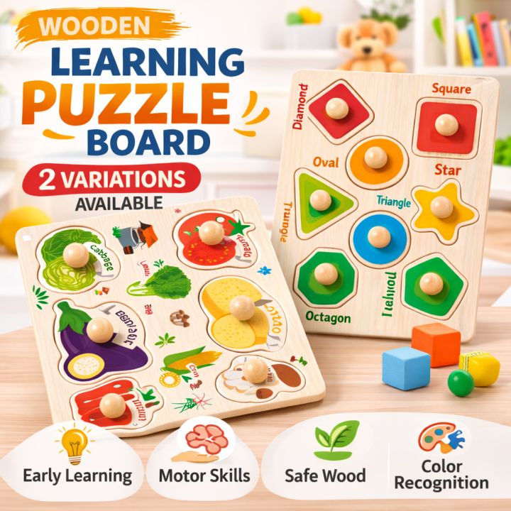 Wooden Learning Puzzle Board for Kids – Vegetables / Shapes/Numbers ...