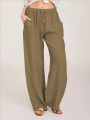 Women's Cotton Linen Pants Casual Loose Solid Elastic Waist Pocket Straight Trousers Ladies Oversize Wide Leg Pant Streetwear. 