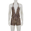 SUCHCUTE Woman Leopard Print 2 Piece Set Outfit Halter Deep V-neck Backless Crop Top & Low-Rise Shorts 2pcs Summer Clothes.