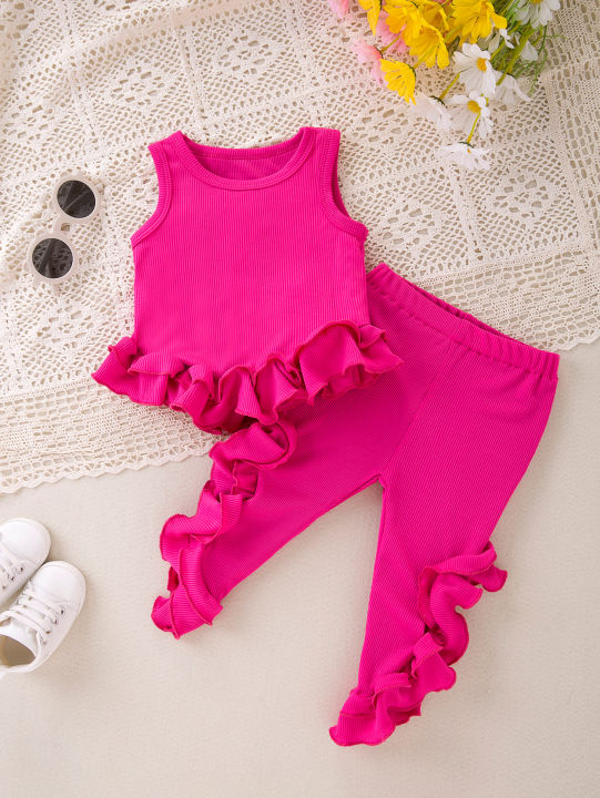 Baby%20Girl%20Spring%20&%20Summer%20New%202pcs%20Outfit%20Camisole%20Top+Pants%20Set%20Irregular%20Lace%20&%20Ruched%20Decoration%20Cute%20Casual%20Fashion%20Clothing%20-%20Image%203