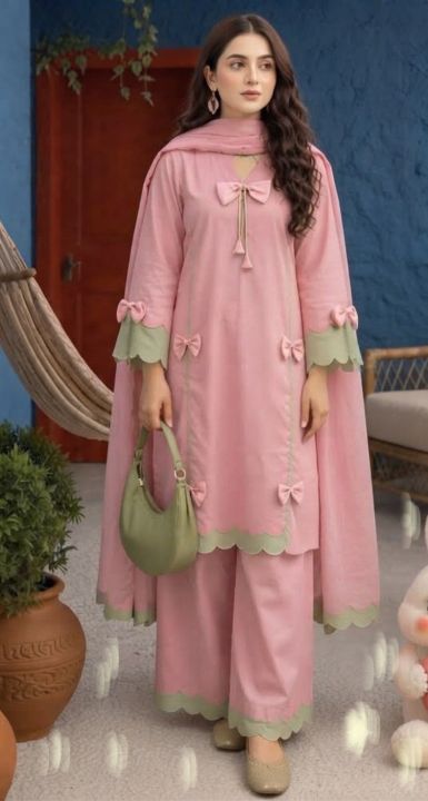 Women Pink 3 Piece Stitched Suit | Stylish Lawn Dress with Scallop Detail & Bows
