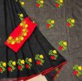 Embroidered Chanderi Cotton Saree (Black) with Blouse material. 