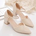 Ladies Elegant Beige Pointed Toe Thin Strap Cross Buckle Mid Heel Sandals Daily Office Shoes.