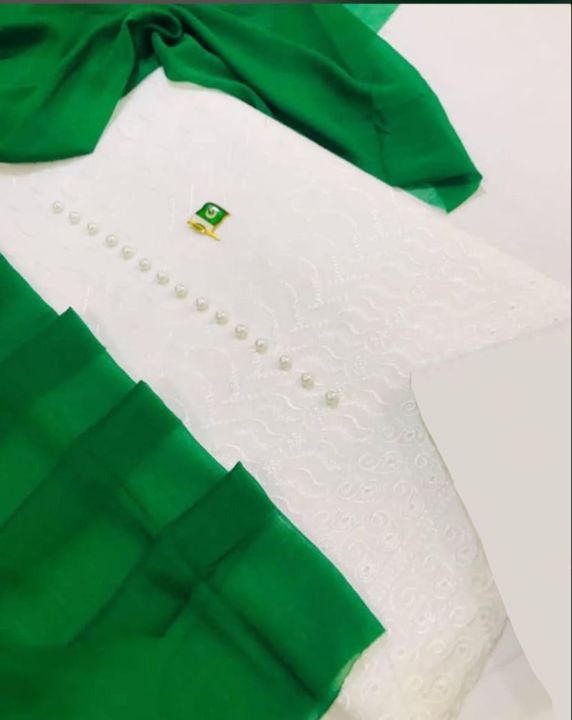 Beautiful Azadi 3 Piece Suit Green Chiffon Dupatta with white Chickan Kari Shirt and white Chicken Kari Trouser Unstitched