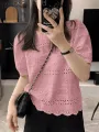 ZANZEA Puff Short Sleeve Women Blouses Casual Summer 2024 Lace Embroidery Korean Fashion Shirts O Neck Hollow Out Solid Blusas. 
