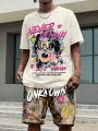 Men's round neck casual summer T-shirt, printed with cartoon characters and letter patterns, lightweight and breathable short sl.